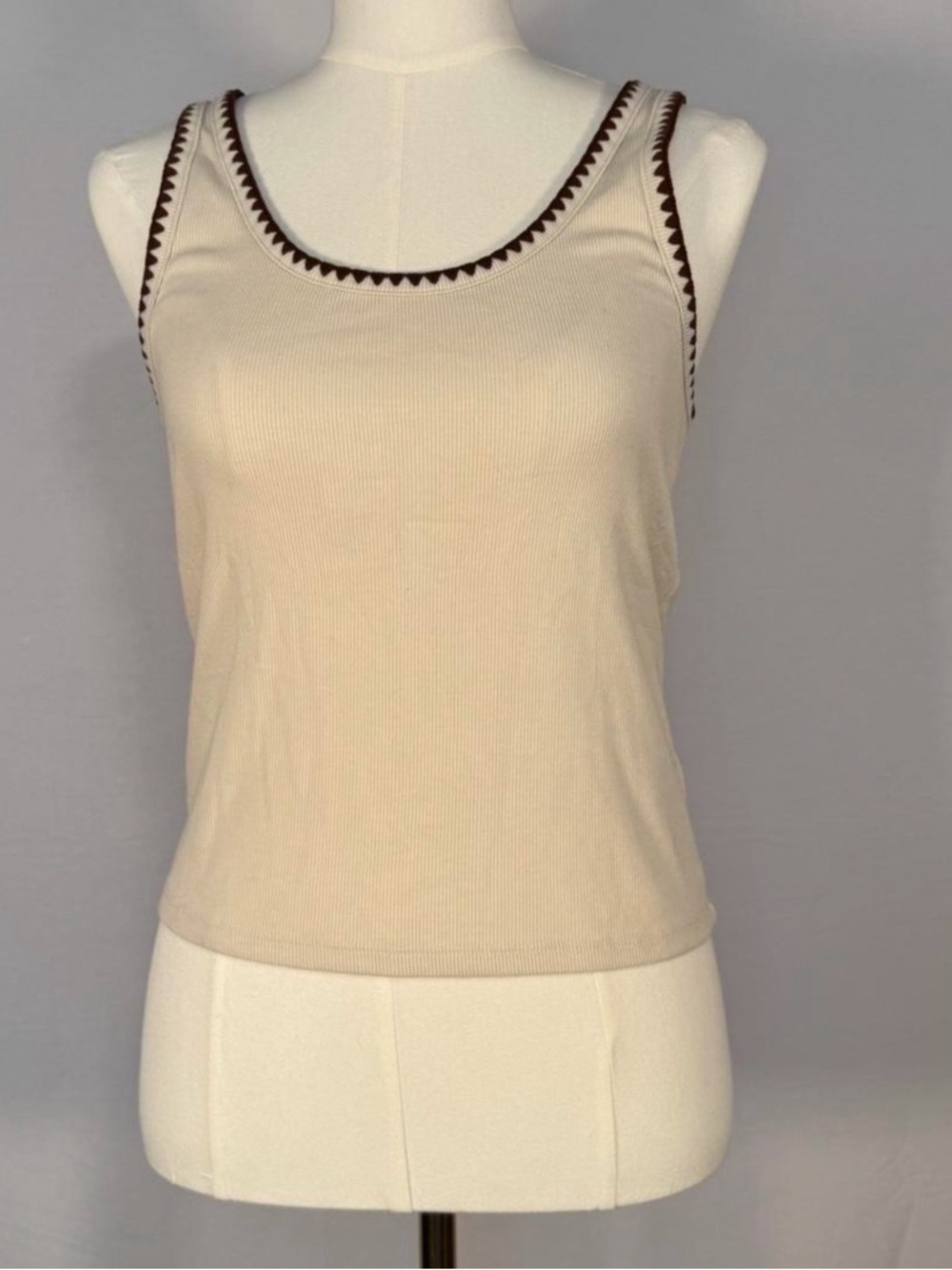 Old navy Cream Tank Top with Brown Trim - Women's Ribbed Scoop Neck